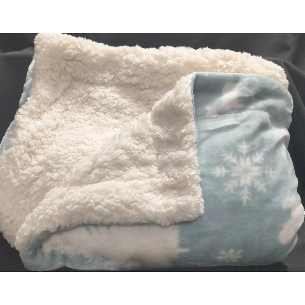 Velvet Berber Soft‎ and Cozy Throw Blanket, Lt Blue with White Deer and Trees